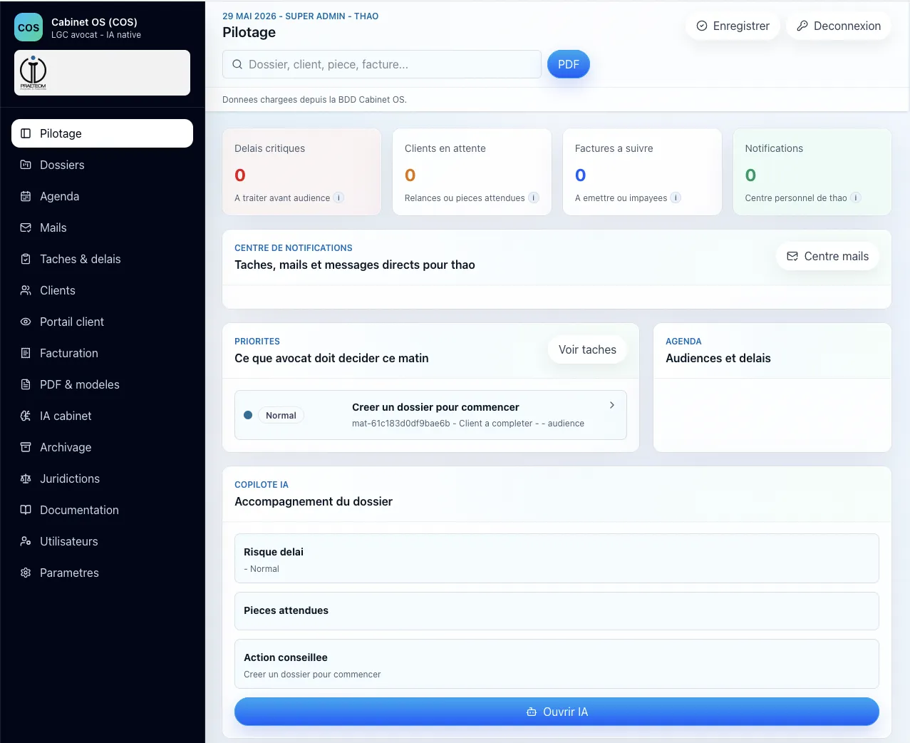 Création logiciel de gestion de cabinet d’avocat COS
